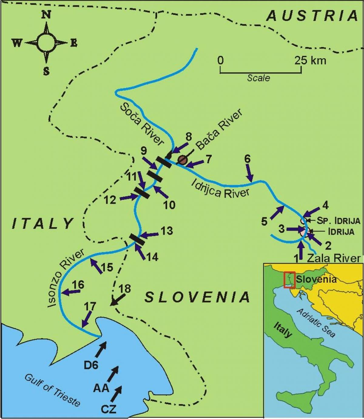 Kaart van soca rivier Slowenië